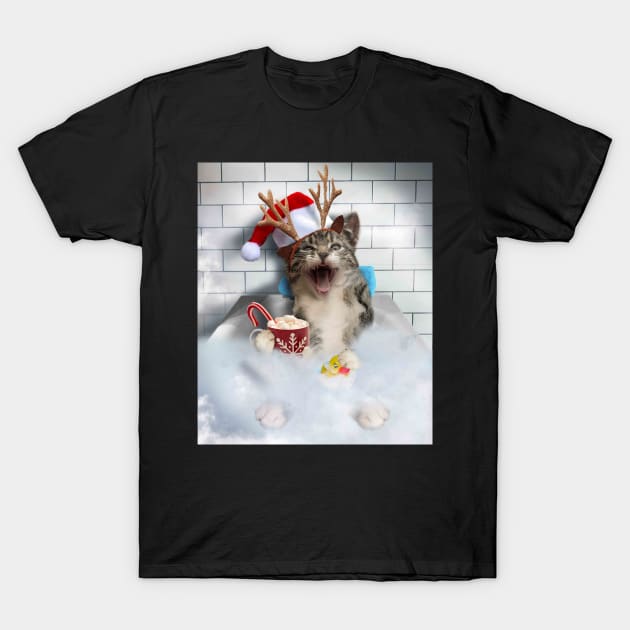 Cat Kitty Christmas Xmas Bathing Bath Funny Reindeer Deer T-Shirt by Random Galaxy